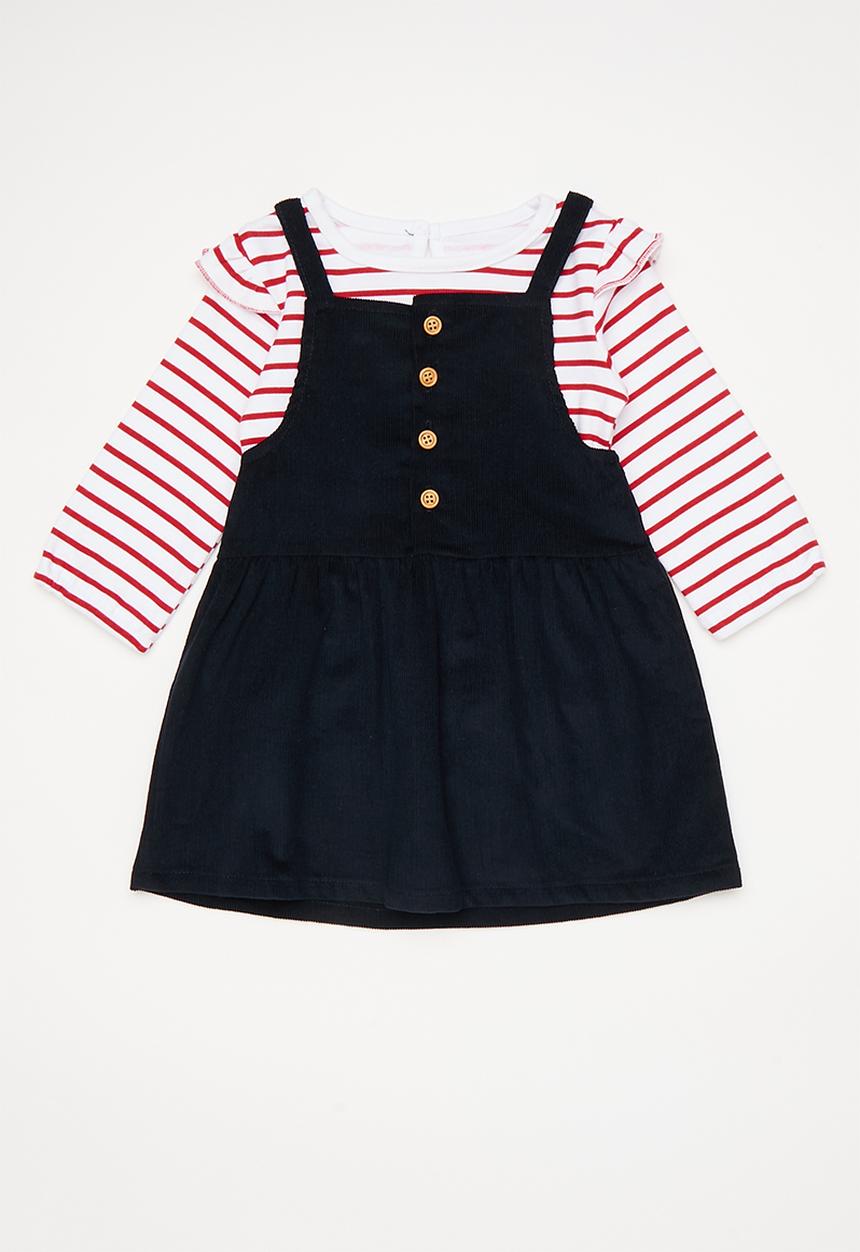 Pop Candy - Corduroy dungaree dress with tee - dark navy/red stripe