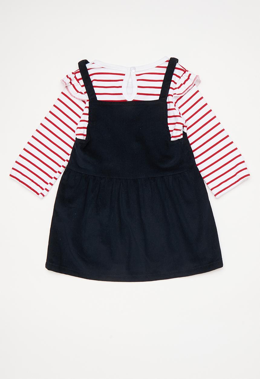 Pop Candy - Corduroy dungaree dress with tee - dark navy/red stripe