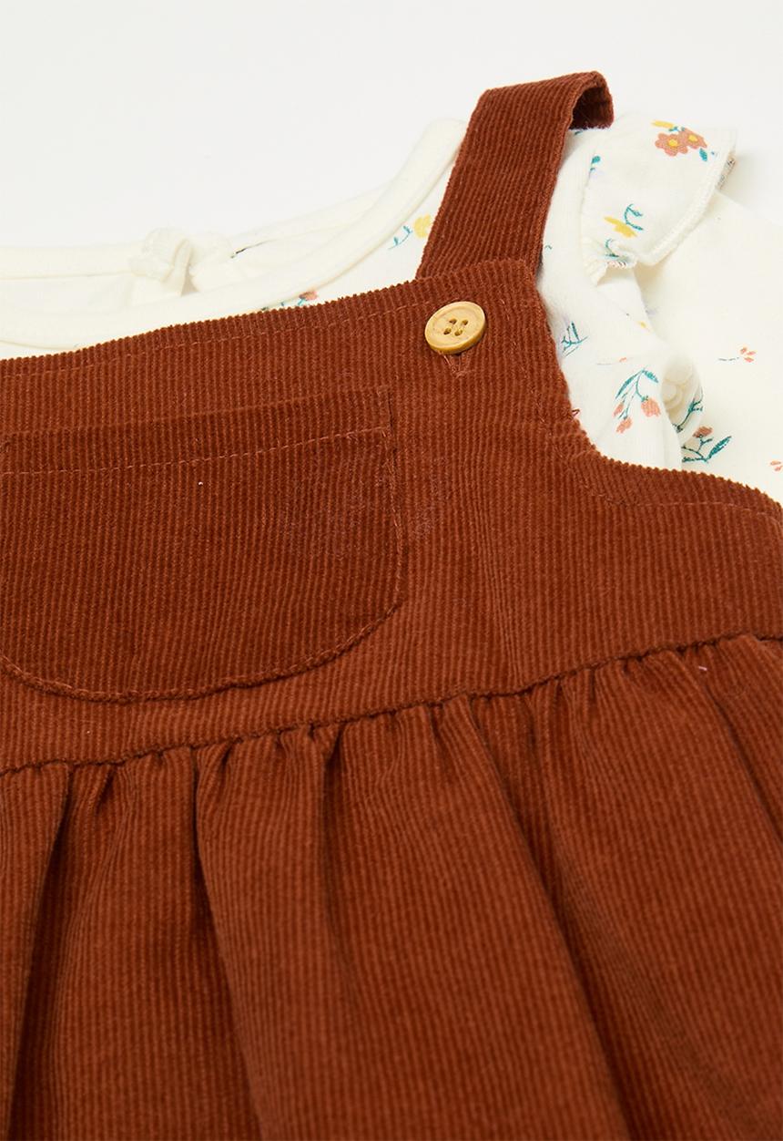 Short dungaree dress and tee set - ruby red/white/multi
