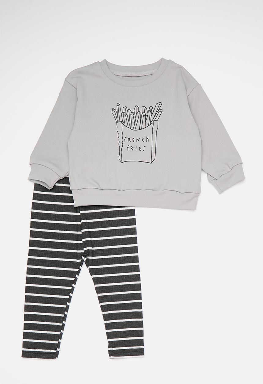 Pop Candy - French fries placement print sweater with leggings - grey/stripe