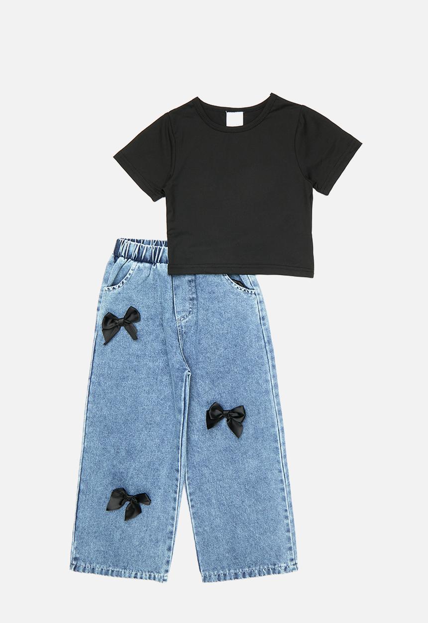 Pop Candy - Cropped tee with  bow applique jeans - black/blue