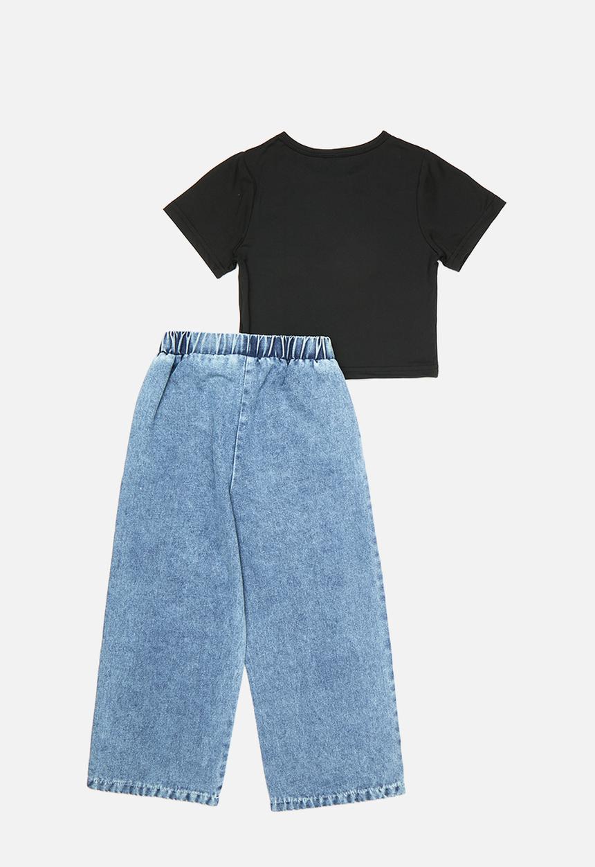 Pop Candy - Cropped tee with  bow applique jeans - black/blue