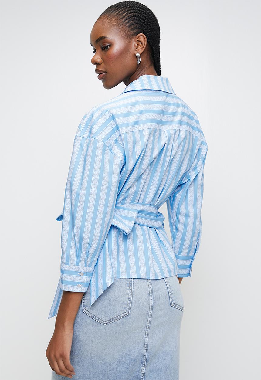 Steve Madden - Ladies riri oversized wrap shirt with tie - blue + white