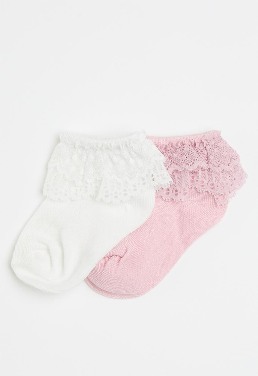 Pop Candy - 2 pack lace frill socks - white/pink