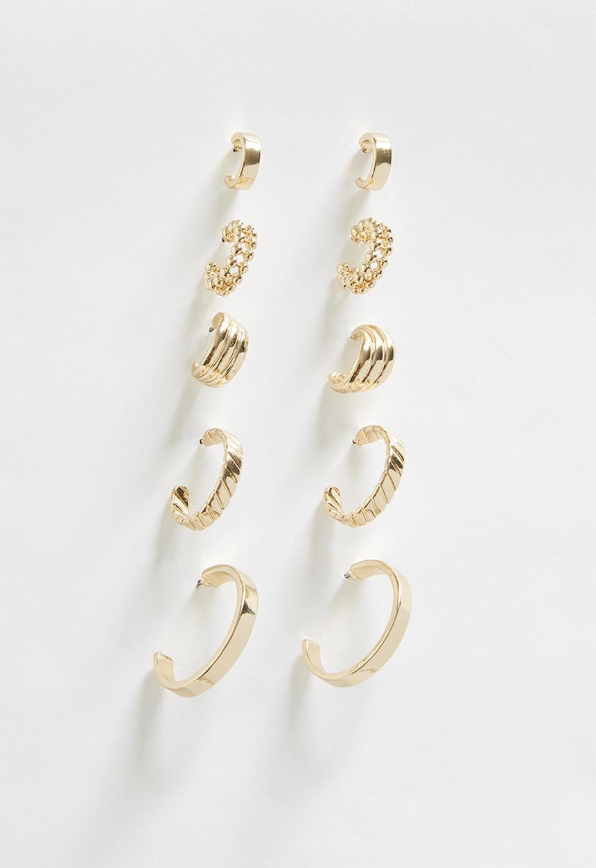 boohoo - Gold Mixed Textured 5 Pack Hoop Earrings Set - gold
