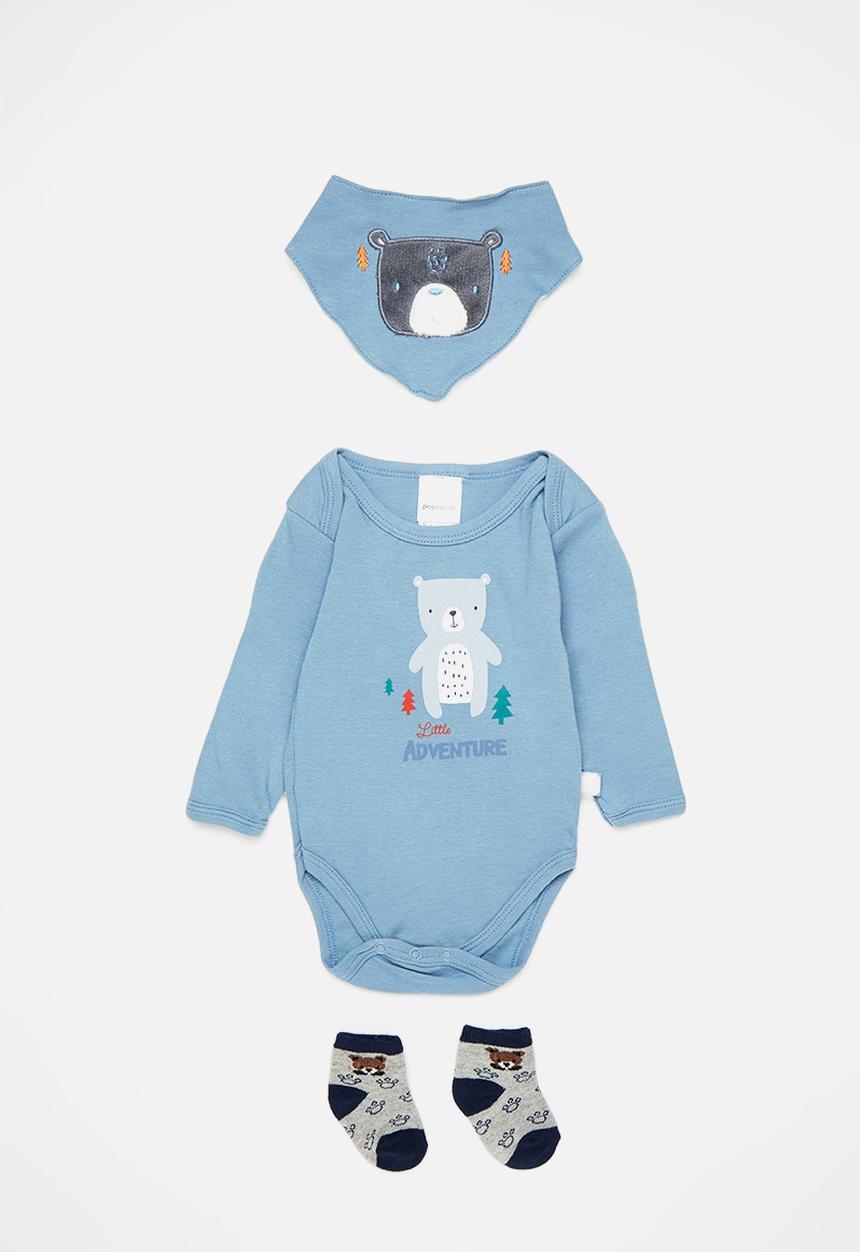 Pop Candy - Bear graphic and slogan bodysuit with bib and socks - cornflower blue