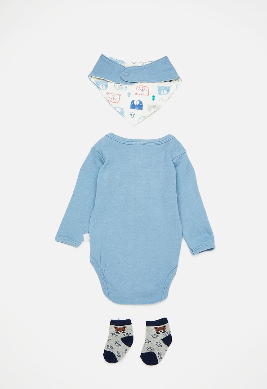 Pop Candy - Bear graphic and slogan bodysuit with bib and socks - cornflower blue