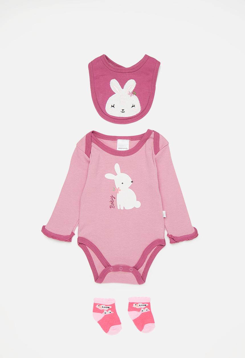 Pop Candy - Bunny graphic and slogan bodysuit with bib and socks - pink multi