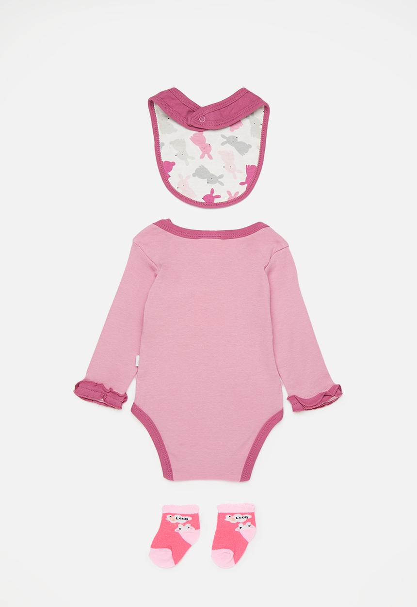Pop Candy - Bunny graphic and slogan bodysuit with bib and socks - pink multi