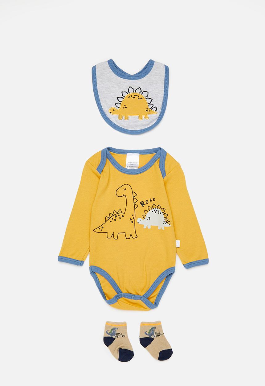 Pop Candy - Dino graphic bodysuit with bib and socks - golden yellow/blue/roar