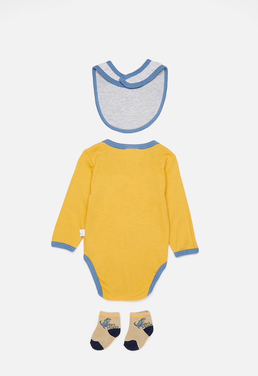 Pop Candy - Dino graphic bodysuit with bib and socks - golden yellow/blue/roar