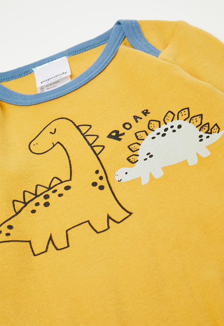 Pop Candy - Dino graphic bodysuit with bib and socks - golden yellow/blue/roar