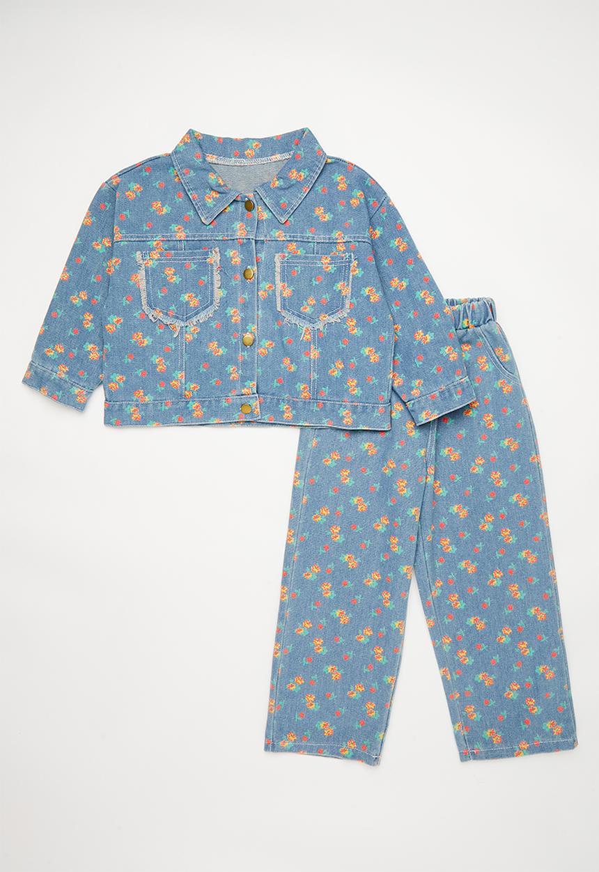 Pop Candy - Floral denim jacket with matching jeans - distressed blue/multi