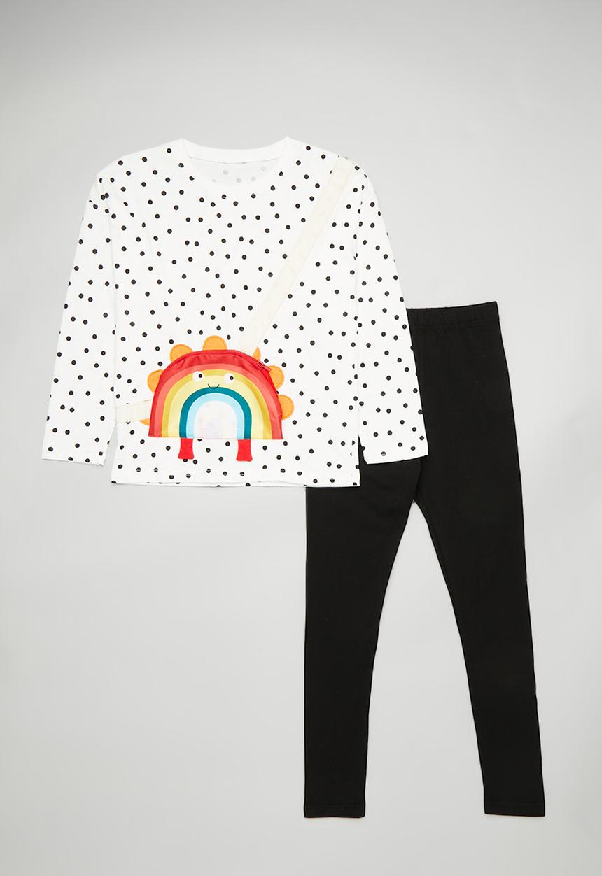 Pop Candy - Rainbow placement print tee with plain leggings - white/black