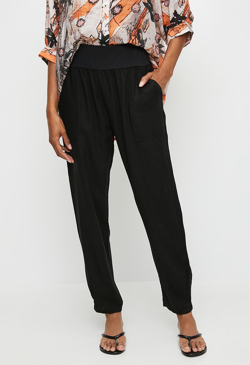 Izabel London - Straight Leg Viscose/Linen Pant With Ribbed Waistband - Black