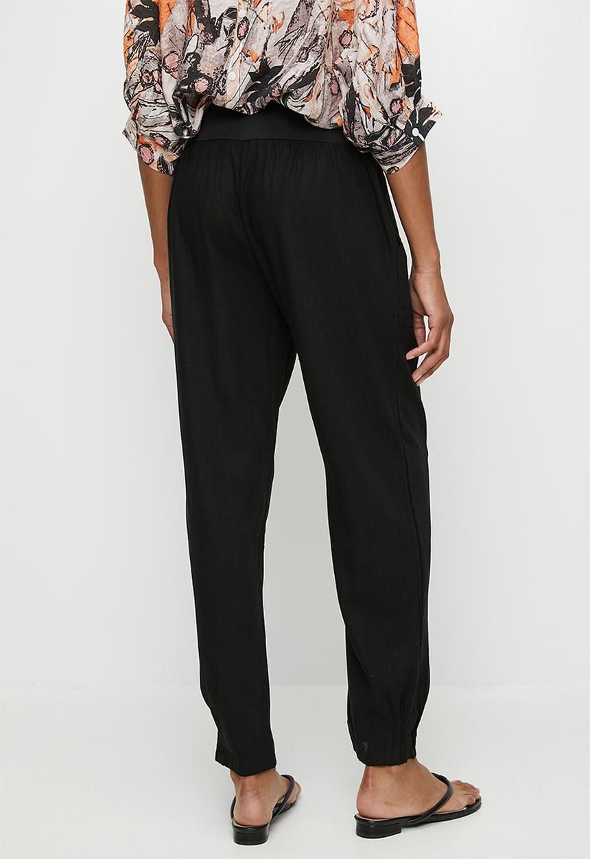 Izabel London - Straight Leg Viscose/Linen Pant With Ribbed Waistband - Black