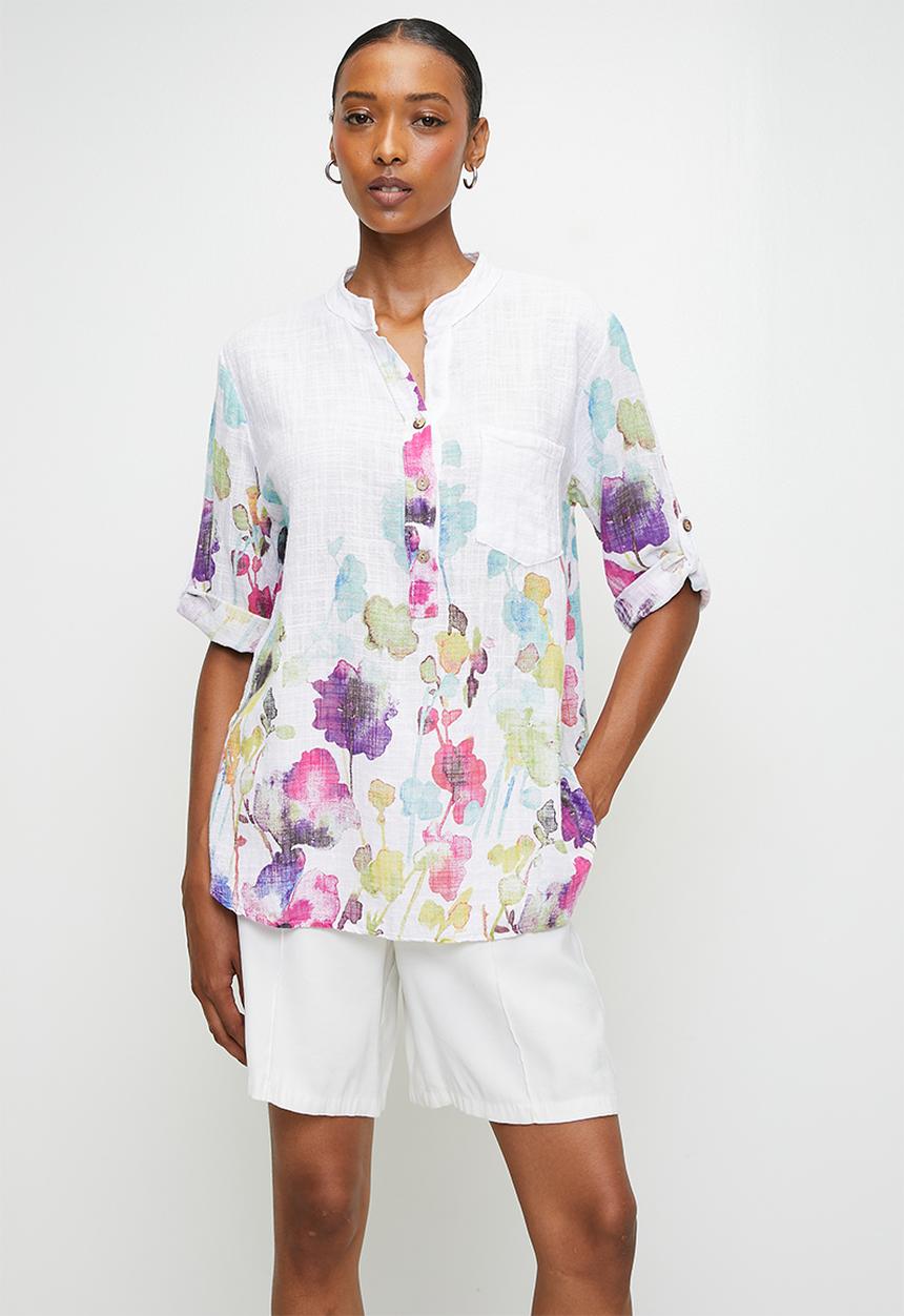 Izabel London - Italian Made Half Sleeve Half Placket Scoop Hem Blouse - White
