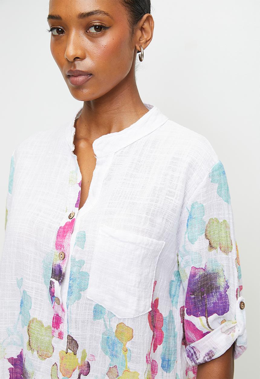 Izabel London - Italian Made Half Sleeve Half Placket Scoop Hem Blouse - White