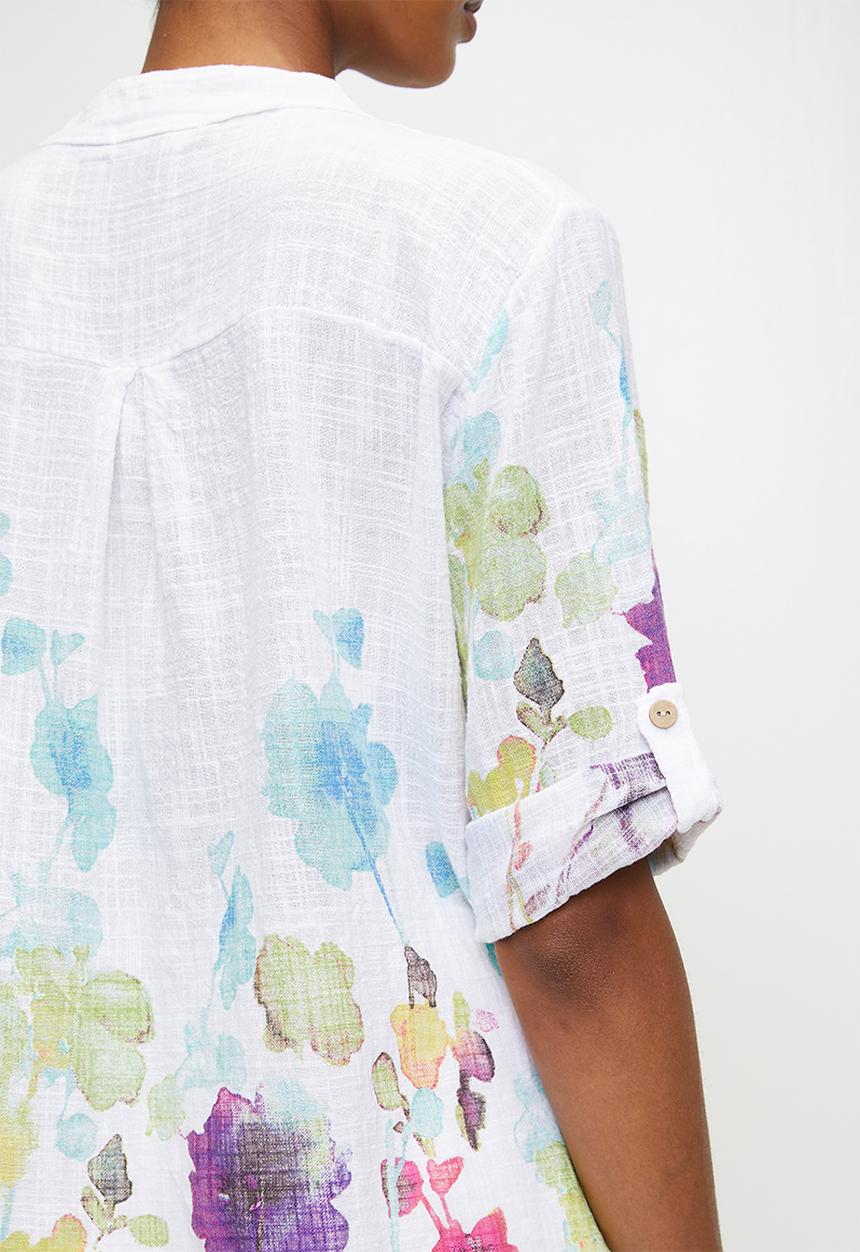 Izabel London - Italian Made Half Sleeve Half Placket Scoop Hem Blouse - White