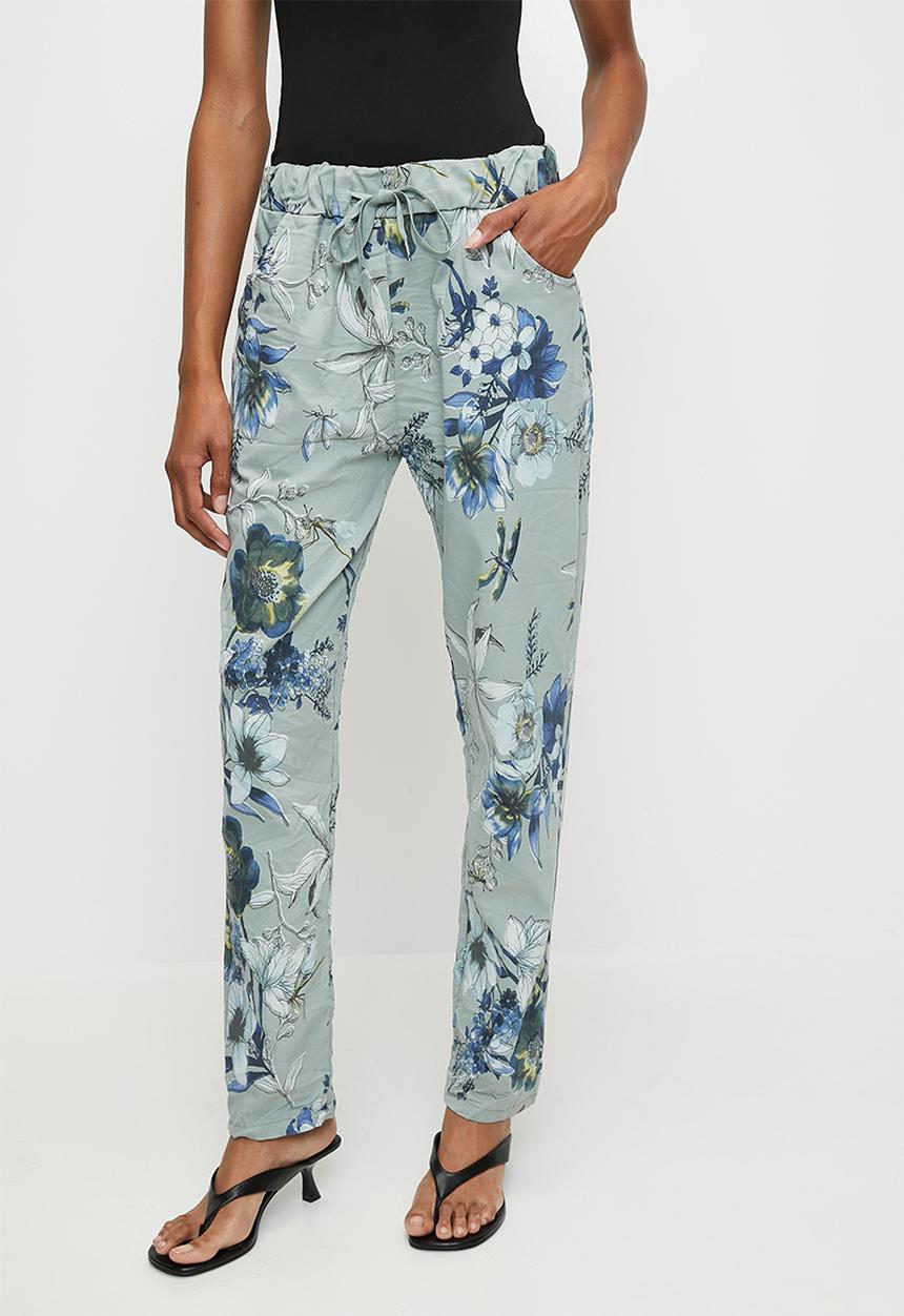 Izabel London - Italian Made Creased Printed Slimfit Jogger With Drawcord - Sage