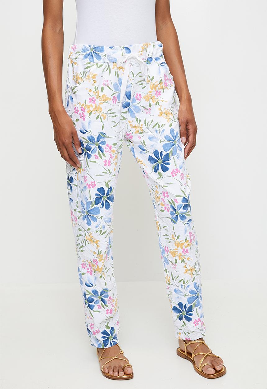 Izabel London - Italian Made Creased Printed Slimfit Jogger With Drawcord - White