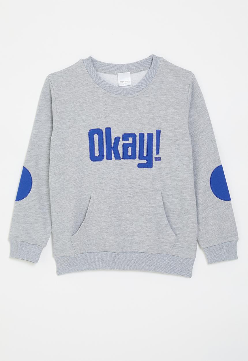 Pop Candy - Kangaroo pocket sweatshirt with embroidered slogan - grey/blue/okay