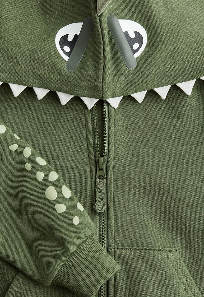 H&M - Appliquéd zip-through hoodie - green dinosaur