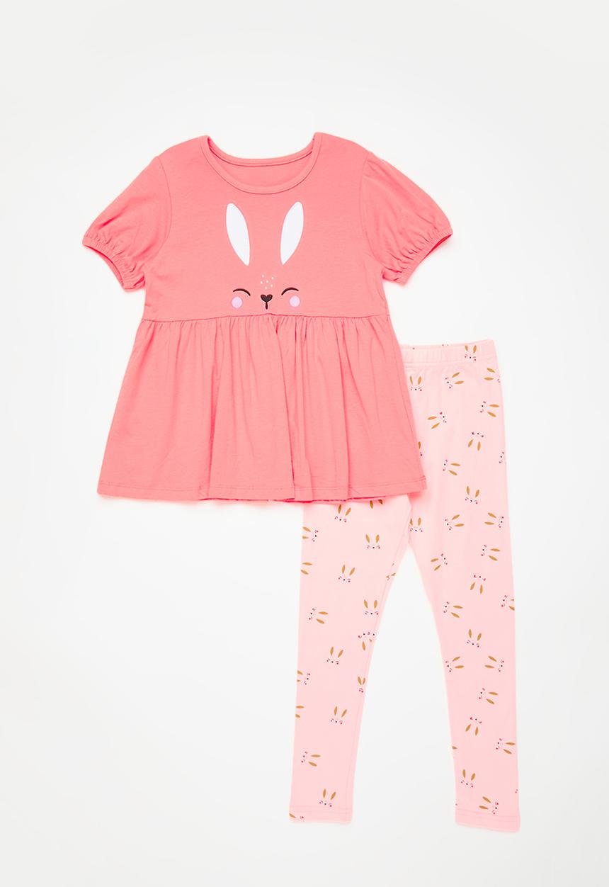 Pop Candy - Bunny face tee peplum tee with printed leggings - pink