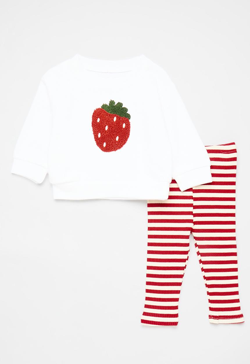 Pop Candy - Strawberry embroidered sweater with leggings - white/red stripes