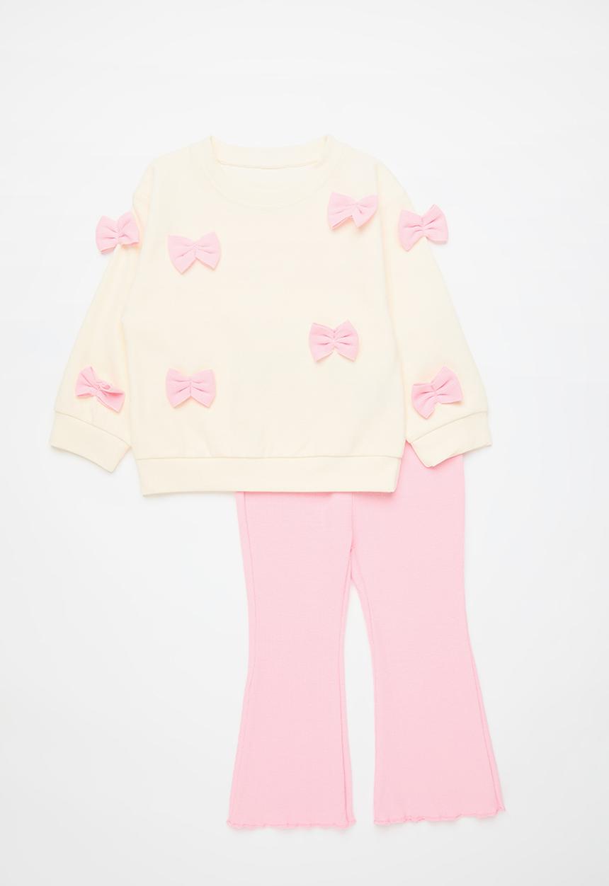 Pop Candy - Bow applique sweater with flared leggings - cream/pink