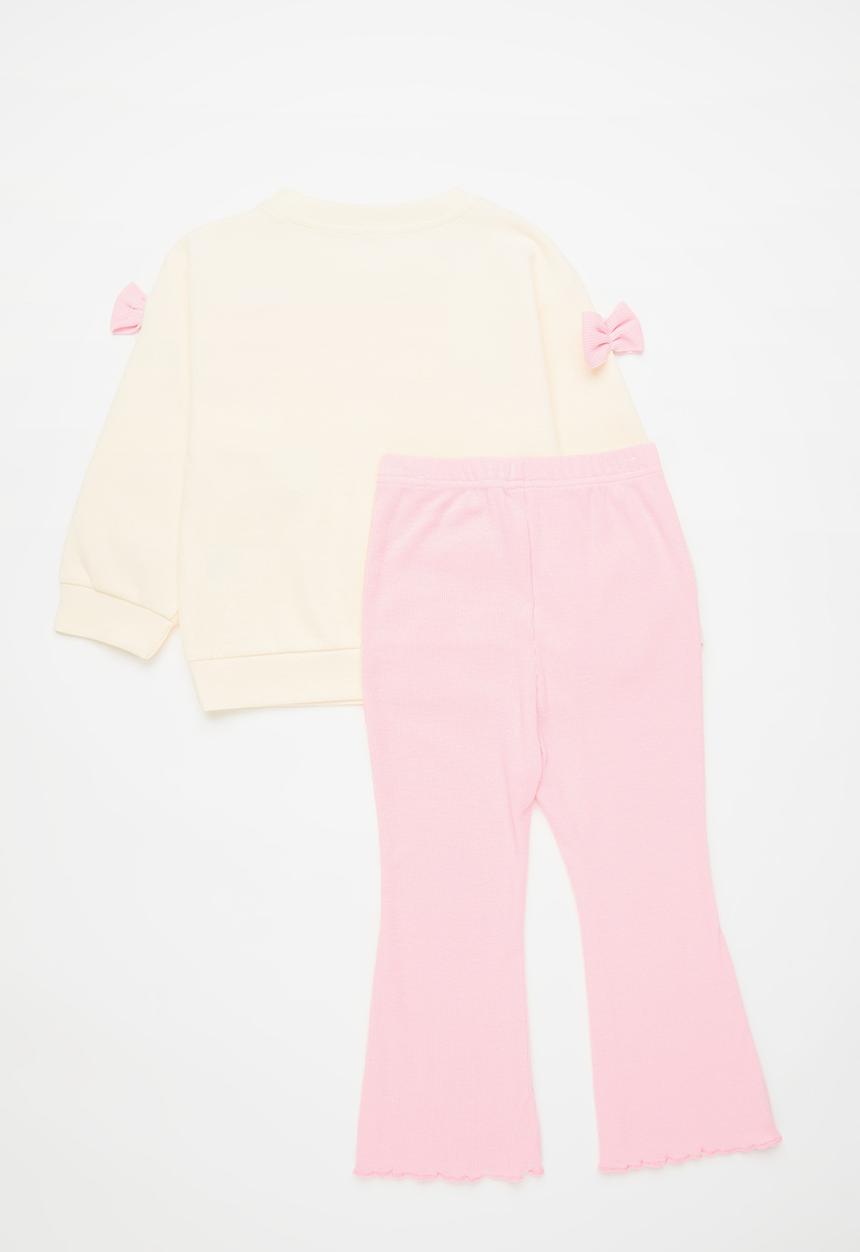 Pop Candy - Bow applique sweater with flared leggings - cream/pink