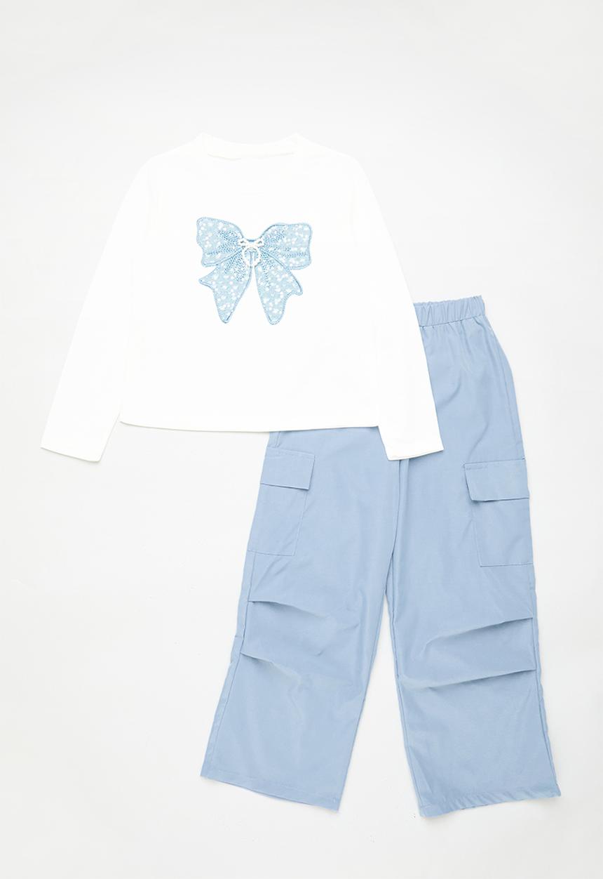 Pop Candy - Long sleeve tee & cargo pants set - white/blue/bow
