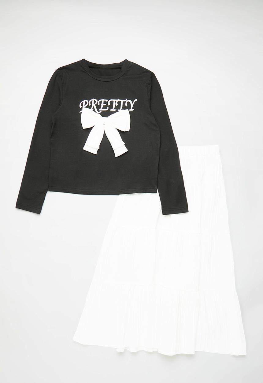 Pop Candy - Long sleeve tee & tiered maxi skirt - black/white/bow