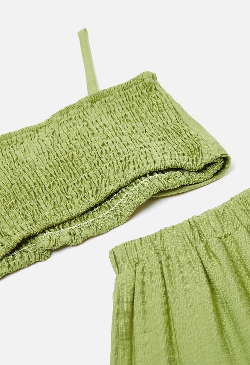 Pop Candy - Bow detail & tiered wide leg pants set - green