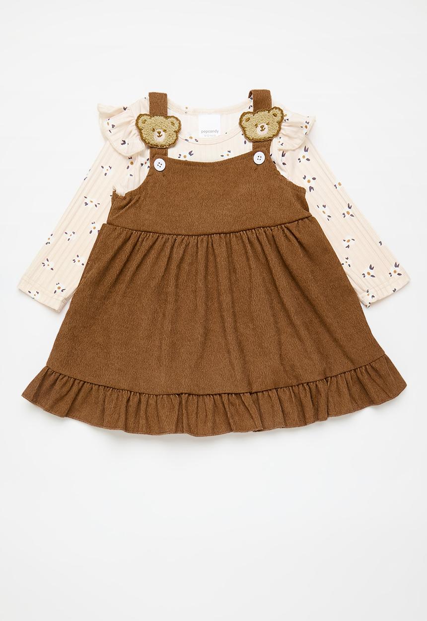 Pop Candy - Rib boydsuit with dungaree dress - cream/brown