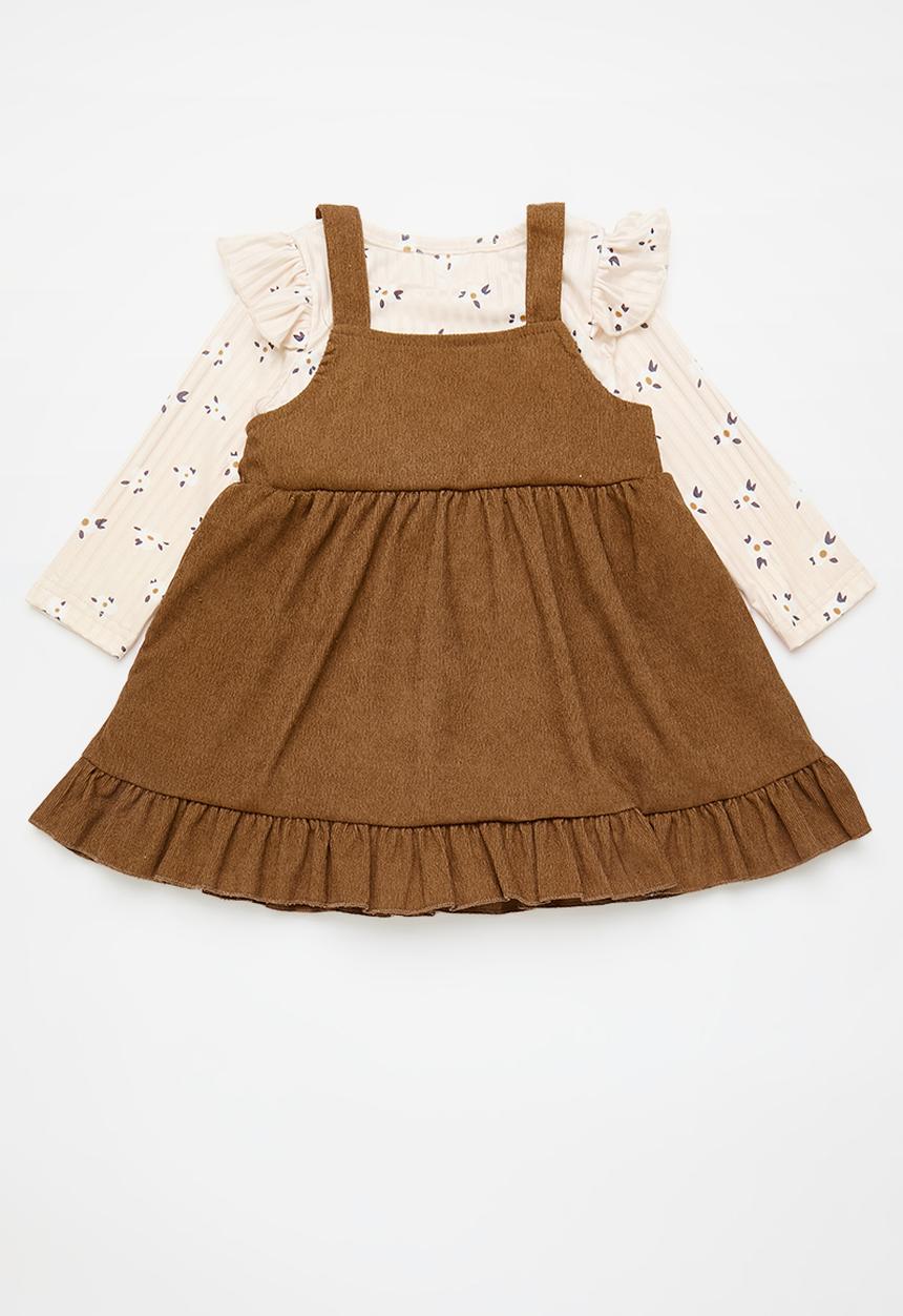 Pop Candy - Rib boydsuit with dungaree dress - cream/brown