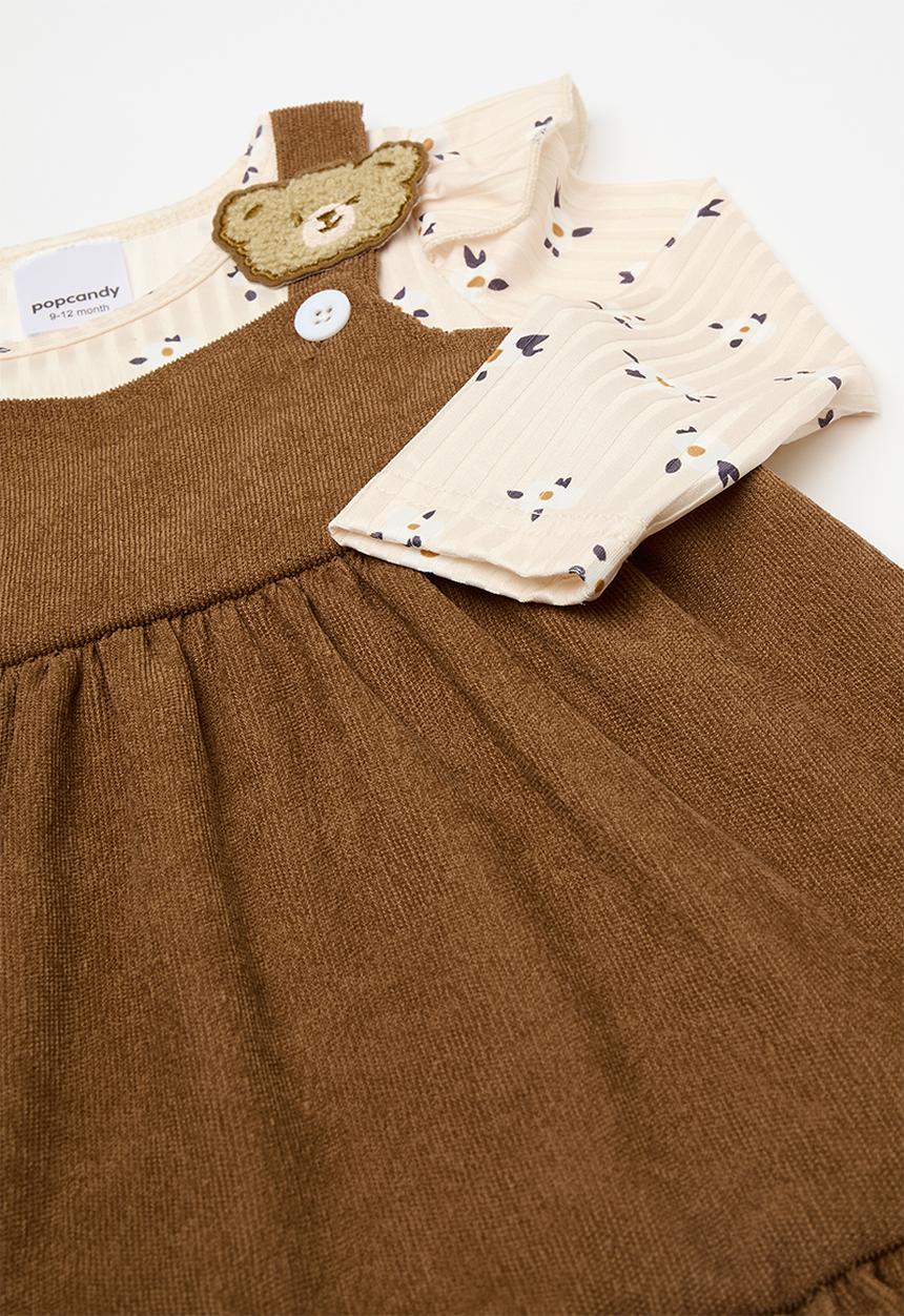 Pop Candy - Rib boydsuit with dungaree dress - cream/brown