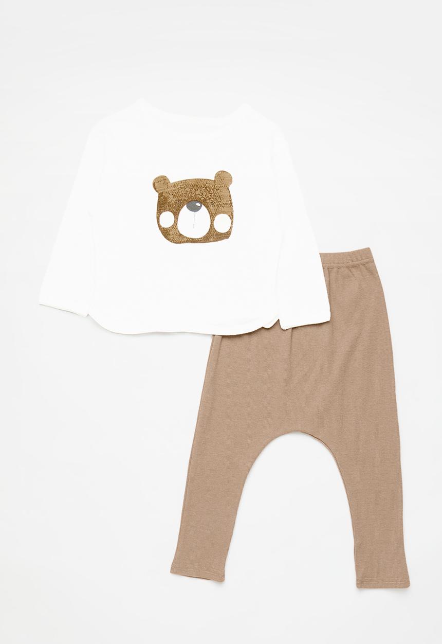 Pop Candy - Long sleeve tee and leggings - white/brown/bear