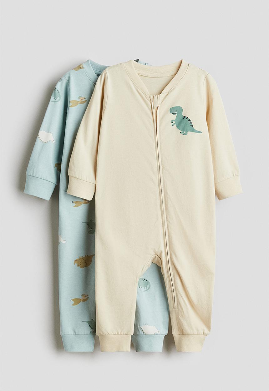 H&M - 2-pack cotton sleepsuits -  light blue/dinosaurs