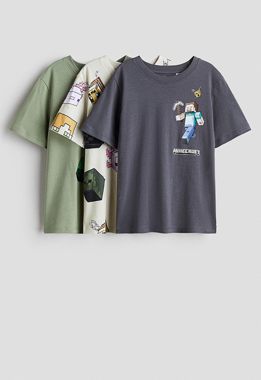H&M - 3-pack printed T-shirts - dark grey/minecraft