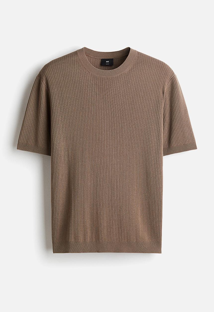 H&M - Slim fit rib-knit T-shirt - beige