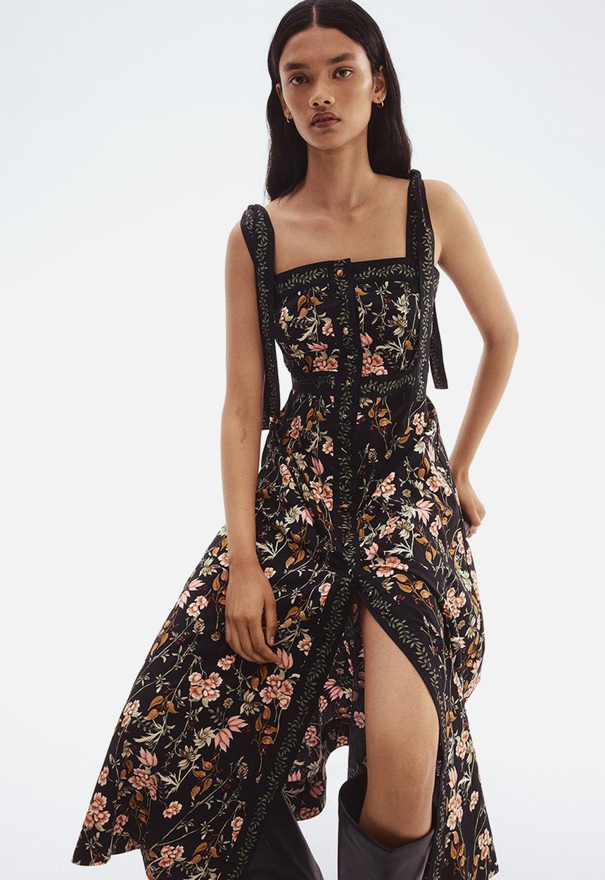 H&M - Tie-strap cotton dress - black floral 