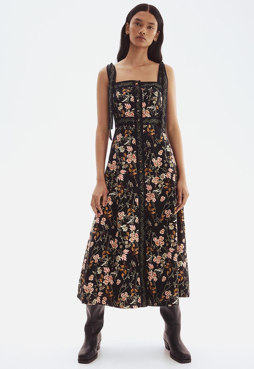 H&M - Tie-strap cotton dress - black floral 