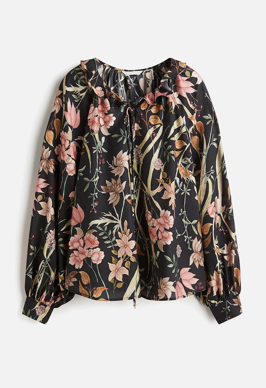 H&M - Frill-collar blouse - black/floral 