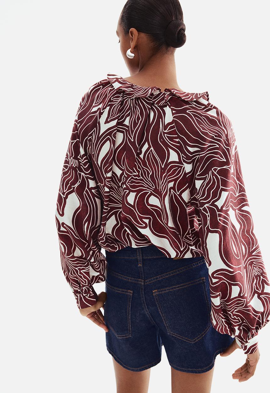 H&M - Frill-collar blouse - dark red/patterned