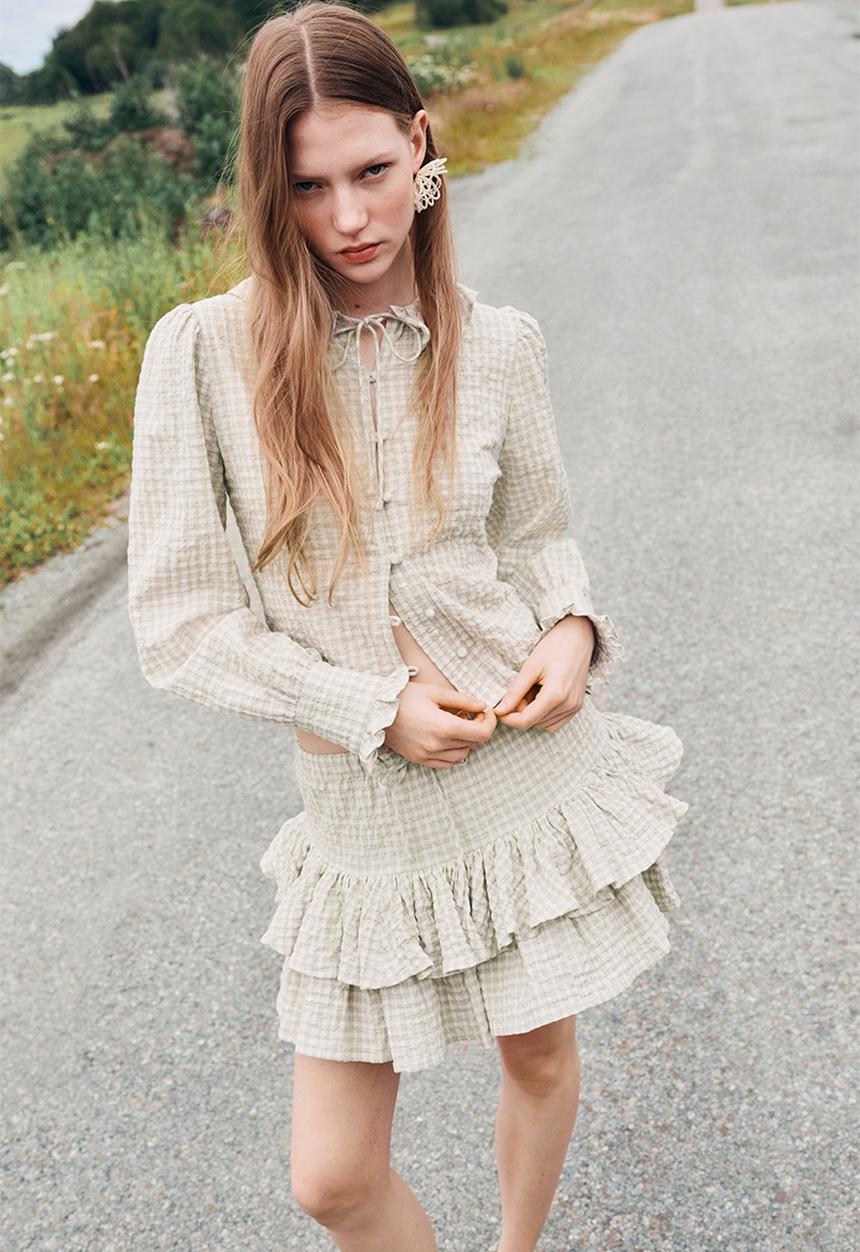 H&M - Tiered drawstring skirt - light khaki green checked