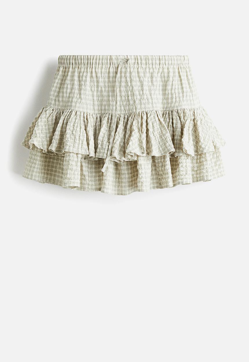 H&M - Tiered drawstring skirt - light khaki green checked
