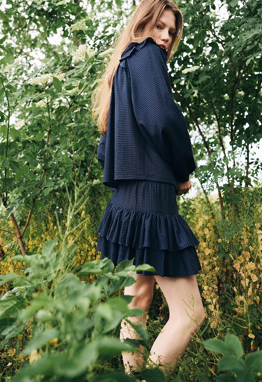 H&M - Tiered drawstring skirt - dark blue & gingham check