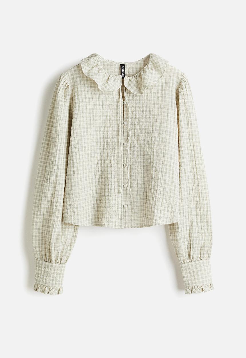 H&M - Frill-collared blouse - light beige checked