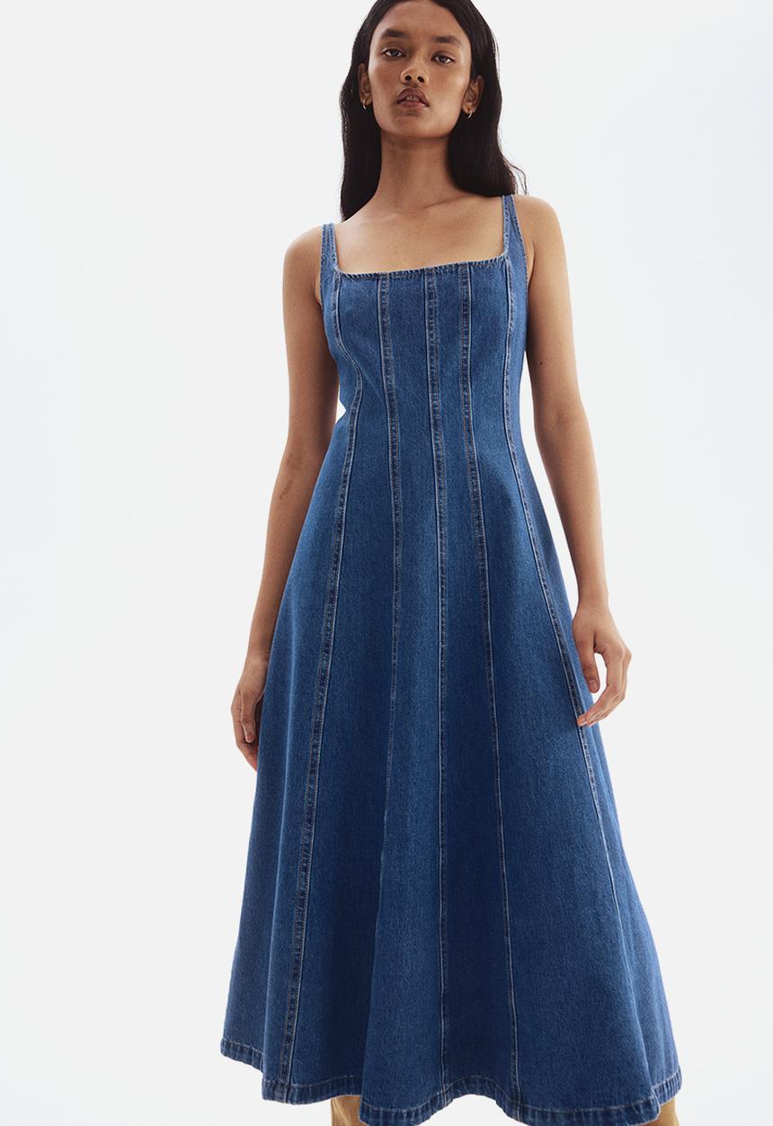 white christmas dresses Blue Denim Shirt Style A Line Pocket Dress Women main image 1